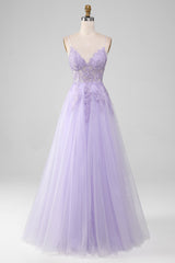 Light Purple A-Line Spaghetti Straps Long Prom Dress V-neck Floor Length