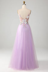 Glitter Lilac A-Line Spaghetti Straps Long Prom Dress with Flowers V-neck Sexy