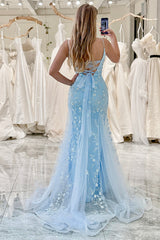 Mermaid Spaghetti Straps Long Blue Prom Dress With Appliques Floor Length Beautiful