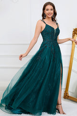 Dark Green A Line Spaghetti Straps Long Prom Dress with Appliques Floor Length With Slit