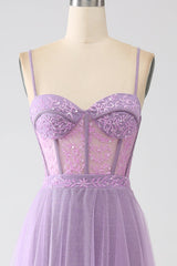 A-Line Lilac Spaghetti Straps Long Corset Prom Dress Floor Length