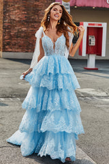 Princess Light Blue Bow Tie Straps Sequin Tiered Tulle Long Sparkly Prom Dress Beautiful