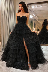 Sparkly Black A Line Long Corset Tiered Tulle Prom Dress With Slit Off Shoulder