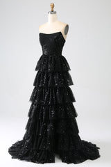 A-Line Sequins Black Tiered Prom Dress with Slit Off Shoulder Floor Length Sparkly