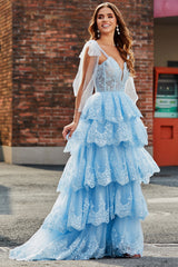 Princess Light Blue Bow Tie Straps Sequin Tiered Tulle Long Sparkly Prom Dress Beautiful