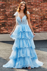 Princess Light Blue Bow Tie Straps Sequin Tiered Tulle Long Sparkly Prom Dress Beautiful