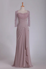 Beaded Ruched 3/4 Length Sleeves Sheath Chiffon Mother Of The Bride Dresses