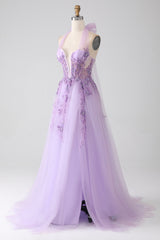 Purple A-Line Halter Neck Beaded Long Prom Dress V-neck With Slit