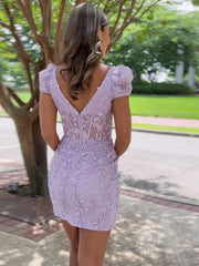 Purple Mermaid Lace Short Prom Dress, Purple Homecoming Dresses