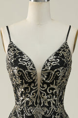 Black Golden A Line Spaghetti Straps Long Prom Dress V-neck Floor Length