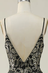 Black Golden A Line Spaghetti Straps Long Prom Dress V-neck Floor Length