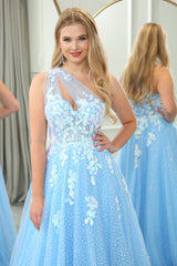 Light Blue A Line One Shoulder Sparkly Sequin Tulle Prom Dress With Appliques Beautiful