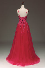 Red A Line Spaghetti Straps Long Prom Dress With Appliques Sexy