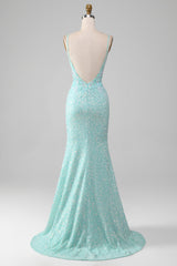 Sequins Sparkly Light Green Mermaid Long Prom Dress with Slit Floor Length