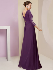 Mother of the Bride Dress Formal Elegant Scoop Neck Floor Length Chiffon Lace Sleeve with Appliques Flower