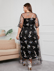 Plus Size Curve Mother of the Bride Dress Party Sparkle Shine Neck Ankle Length Tulle Half Sleeve with Sequin Embroider