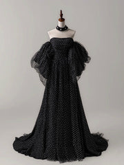 A-Line Black Tulle Long Prom Dress, Black Long Formal Dress