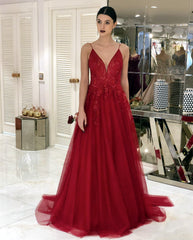 A-line V-Neck Tulle Prom Long Dresses Lace Embroidery