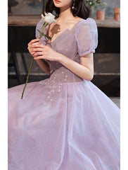 Aimishang A-Line Prom Dresses Gowns Evening Dresses Valentine's Day Wedding Guest Floor Length Short Sleeve V Neck Tulle with Sequin