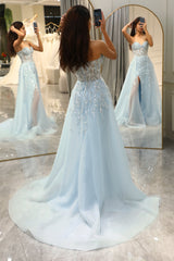Glitter Light Blue Long Corset Beaded Prom Dress With Slit Off Shoulder Sparkly
