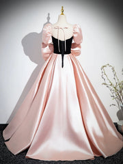 A-Line Puff Sleeves Pink Long Prom Dress, Pink Long Evening Dress
