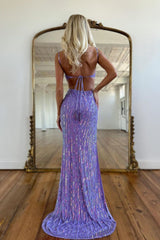 Sparkly Purple Mermaid Spaghetti Straps Sequins Prom Dress with Slit Charming Evening Party Dress
