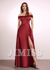 A-Line Off-The-Shoulder Floor-Length Satin Bridesmaids Dress