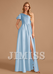 A-line one-shoulder floor-length satin bridesmaid dress