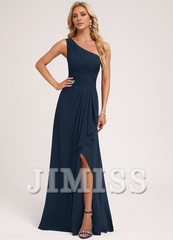Ruffled A-line One Shoulder Floor Length Chiffon Bridesmaid Dress