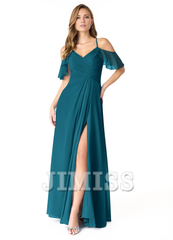 A-line V-neck pleated chiffon side slit and floor length bridesmaid dress - Jimiss Dress