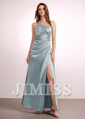 A-line one-shoulder floor-length satin bridesmaid dress