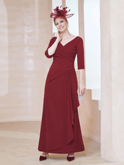 V-neck half sleeved pleated mother of the bride dress