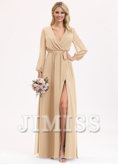 A-Line V-Neck Floor Length Chiffon Bow Pleated Bridesmaids Dress