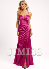 A-line V-neck floor-length satin bridesmaid dress