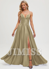 A-line V-neck pleated floor-length satin prom dress