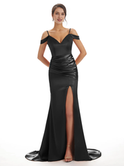 Sexy off shoulder soft satin side slit long fish tail bridesmaid dress