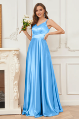 Thin shoulder strap V-neck soft satin and floor length bridesmaid dress