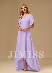 Ruffled A-line Boat Neck Asymmetric Chiffon Bridesmaids Dress