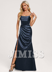 Trumpet/Mermaid Hood Ruffle Floor Length Satin Bridesmaids Dress