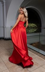 Hanging neck collar deep V-neck side slit and floor length evening gown