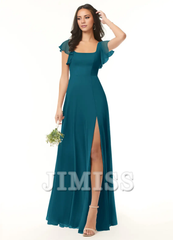 A-line pleated chiffon backless side slit and floor length bridesmaid dress - Jimiss Dress