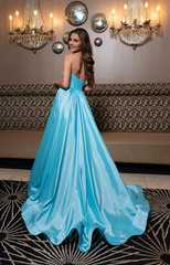A-line V-neck off shoulder side slit and floor length evening gown