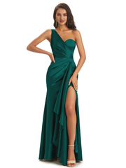 Elegant and soft satin side slit one shoulder unique fish tail bridesmaid dress