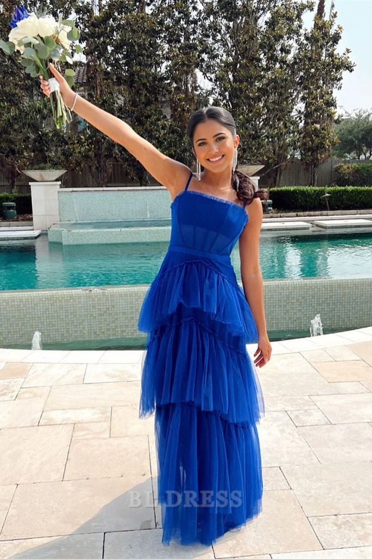 A-line Spaghetti Straps Tiered Tulle Royal Blue formal dresses Bridesmaid Dresses evening gown Prom Dress