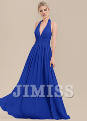 Ruffled A-Line Halter Neck Floor Length Chiffon Bridesmaids Dress