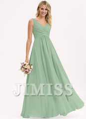 A-line V-neck floor-length chiffon pleated bridesmaid dress