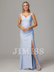 V-neck slit sleeveless off shoulder chiffon bridesmaid dress