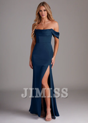 Off Shoulder Side Split Satin and Floor length Bridesmaid Dress - Jimiss Dress