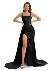 Sexy and soft satin side slit thin shoulder strap long mermaid unique bridesmaid dress