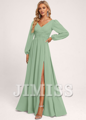 Ruffled A-line V-neck Floor-length Chiffon Bridesmaids Dress